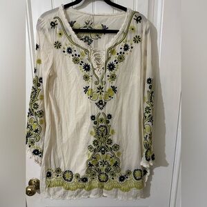 Free People Ivory Floral Embroidered Flared Sleeve Tunic Top/ Mini Dress 10